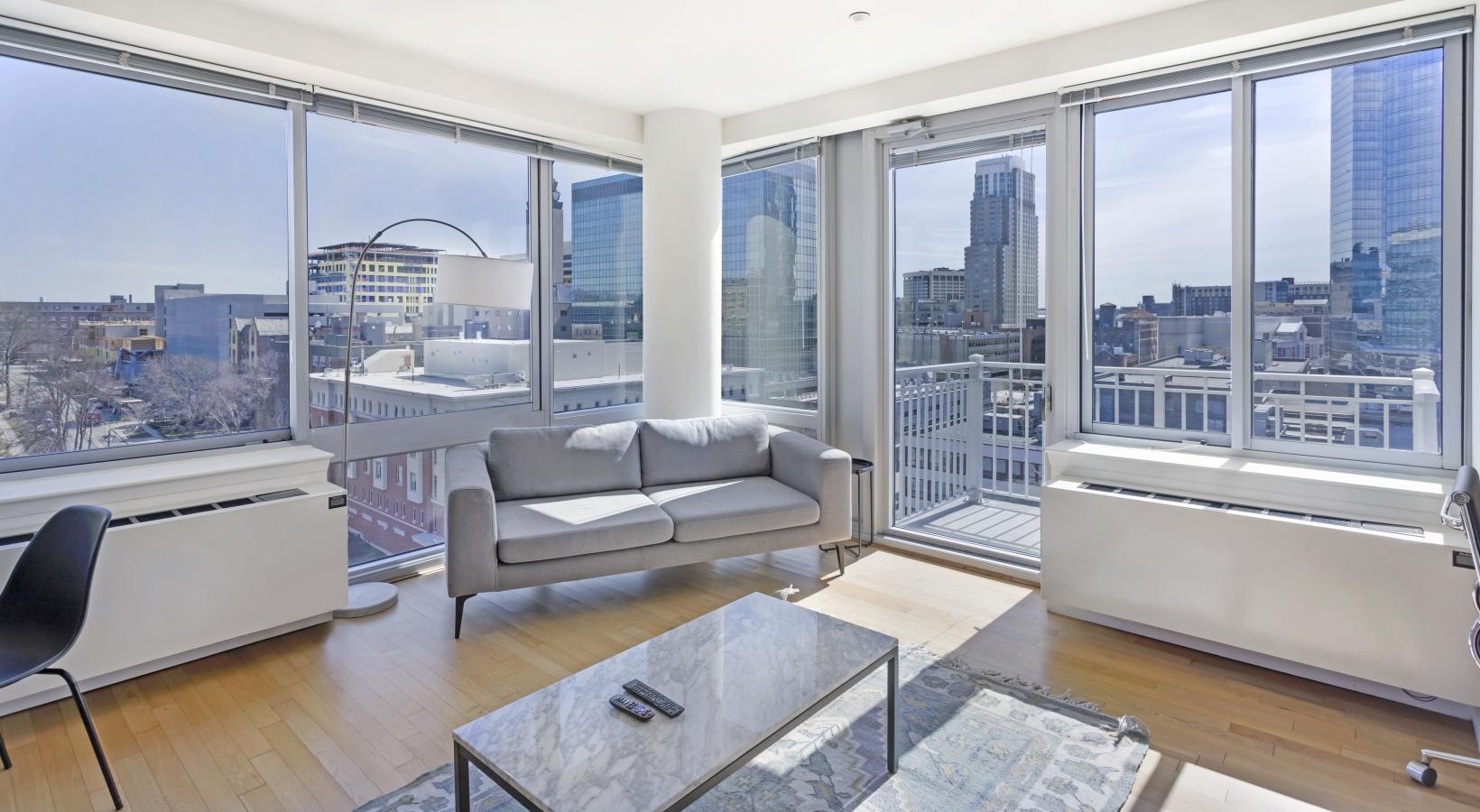 a living room with a couch and a coffee table